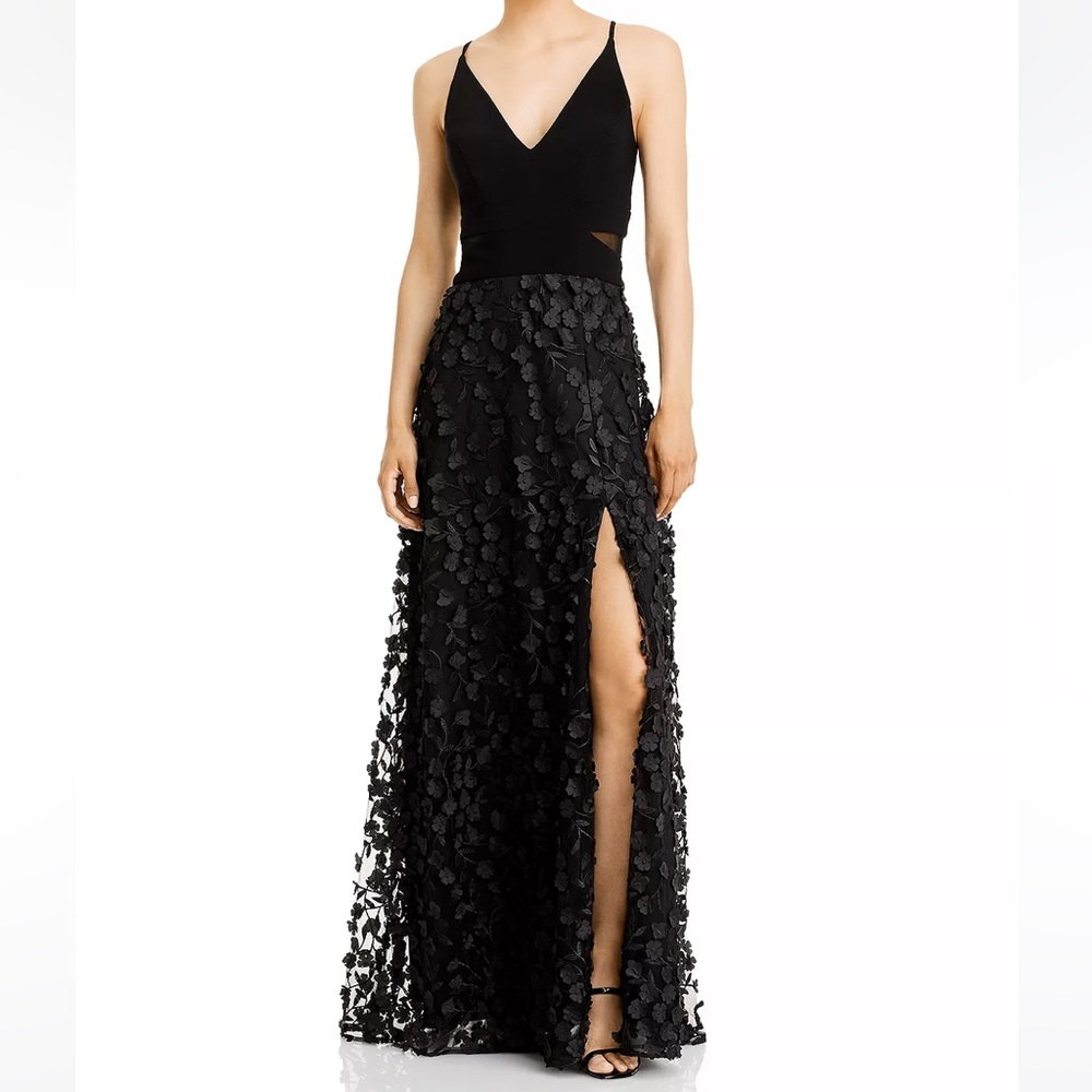 Aqua Bloomingdale’s Floral Appliqué Gown Long Black Dress Size 4